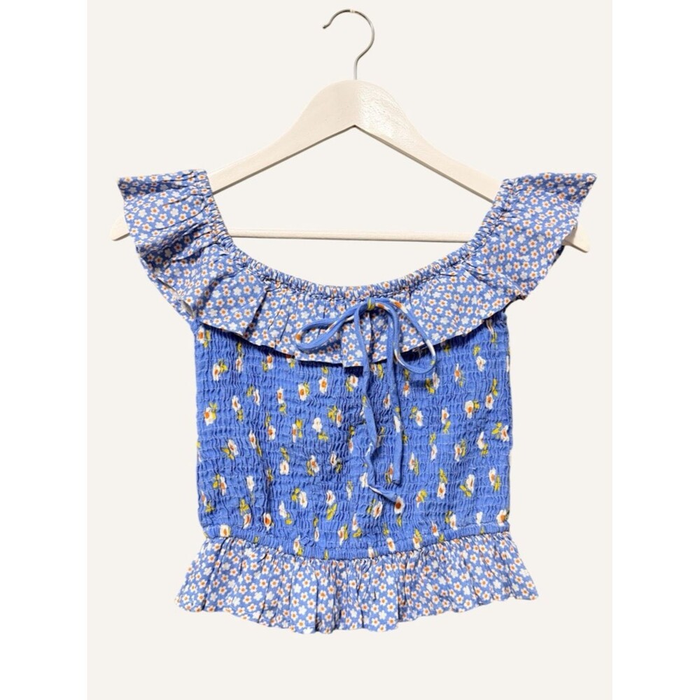 Place Nationale Smocked  Ruffle Off-Shoulder Top NWT Size 2 Blue Floral Linen